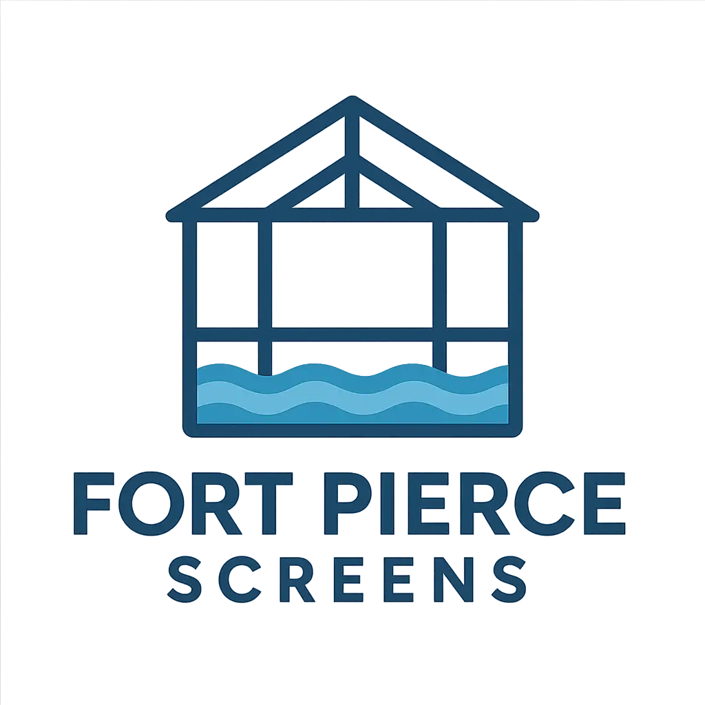 Fort Pierce Screens company logo featuring a screened enclosure outline with blue wave design