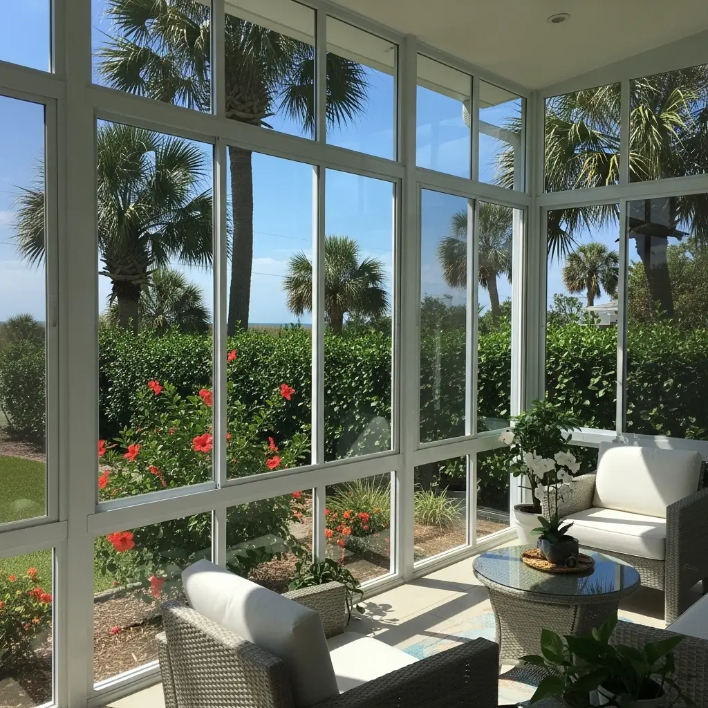 lanai enclosure screen repair in Fort Pierce, FL featuring bright residential sunroom with garden view
