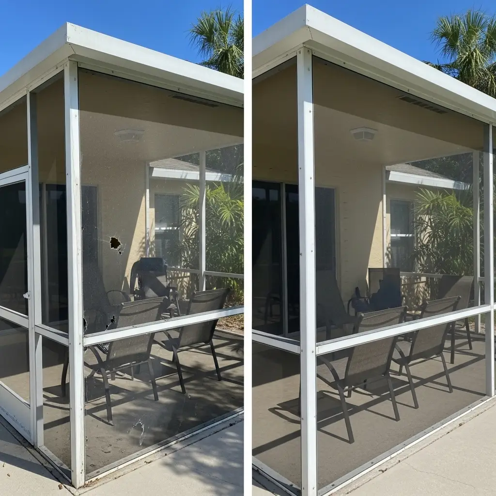 before-and-after lanai screen repair in Fort Pierce, FL showing damaged and newly replaced panels