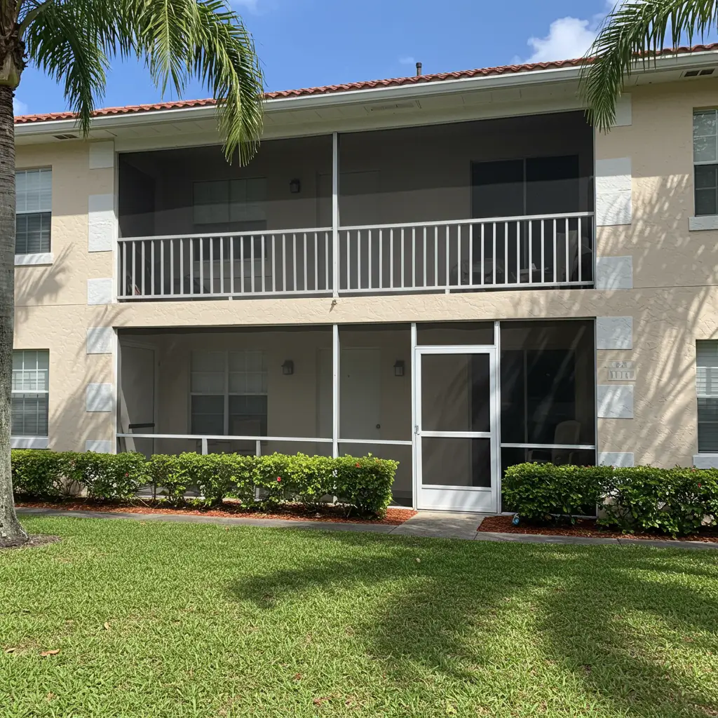 Two-story apartment building with screened patio and repaired screen door in Fort Pierce, FL.