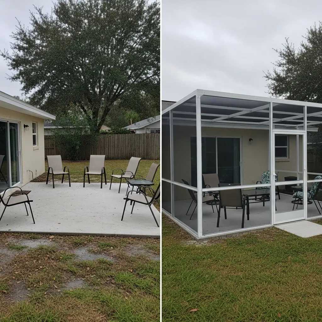 Before and after patio screen enclosure installation showing covered outdoor seating area in Fort Pierce, FL.