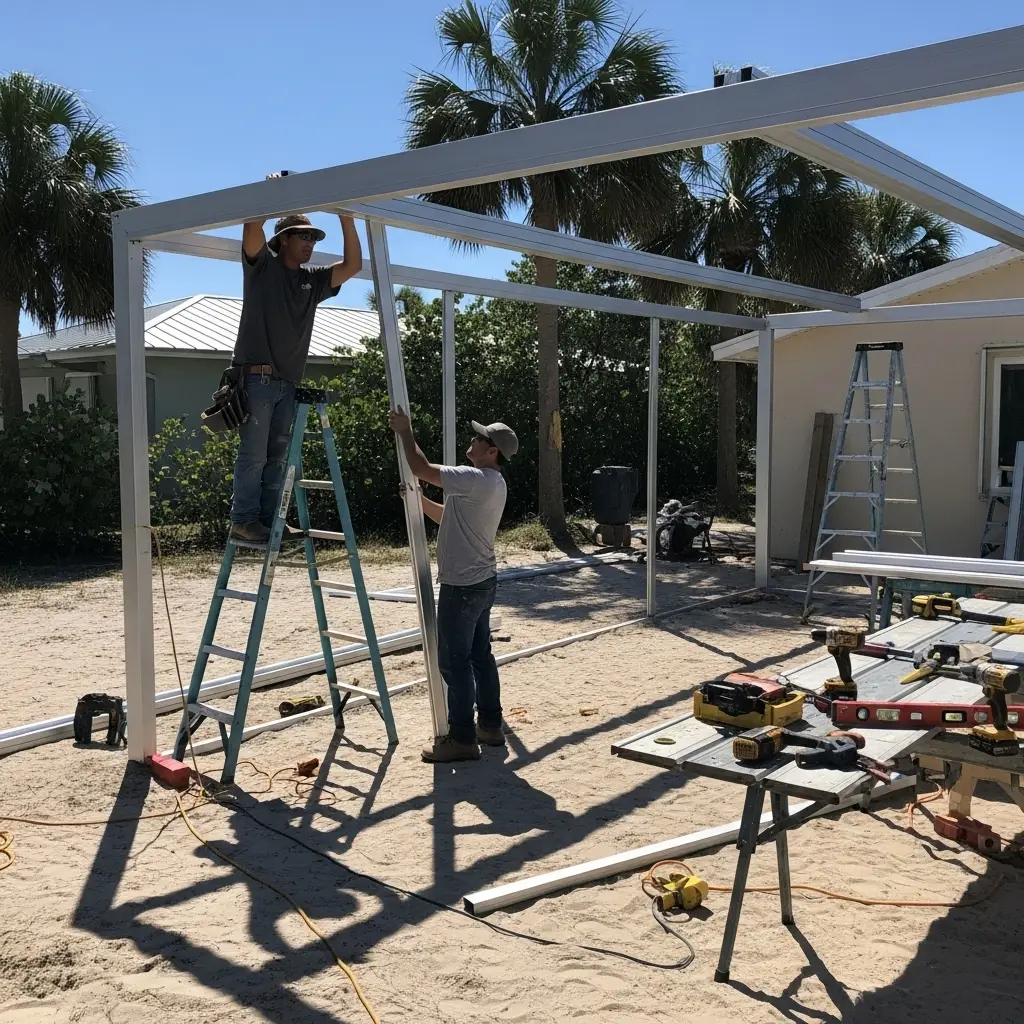 Two contractors installing aluminum framing for new patio screen structure in Fort Pierce, FL.