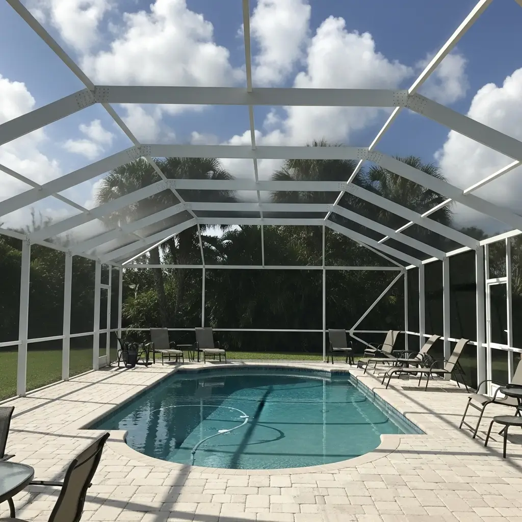 Newly installed pool cage enclosure with white aluminum framing in Fort Pierce, FL.