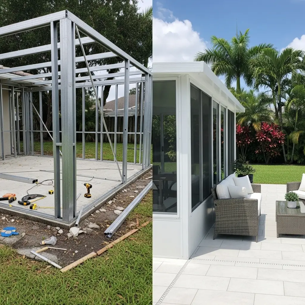 Before and after pool cage rescreening showing aluminum frame rebuild and finished enclosure in Fort Pierce, FL.