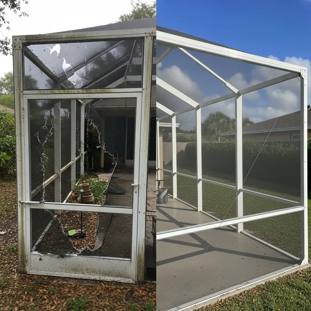Before and after pool cage screen repair showing restored aluminum panels in Fort Pierce, FL.