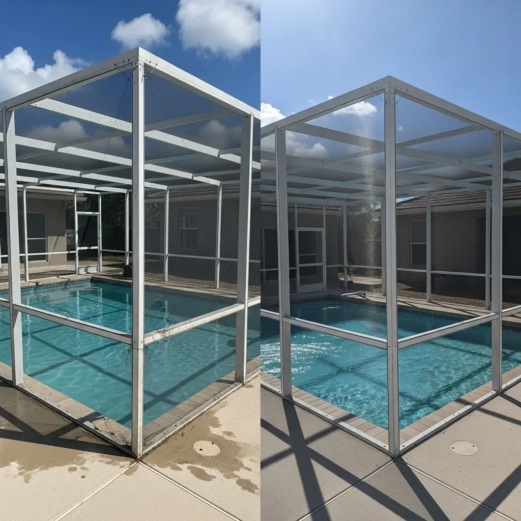 Before and after pool enclosure repair showing restored aluminum structure in Fort Pierce, FL.
