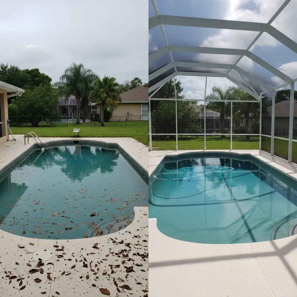 Before and after pool enclosure screen installation showing clean, covered pool area in Fort Pierce, FL.