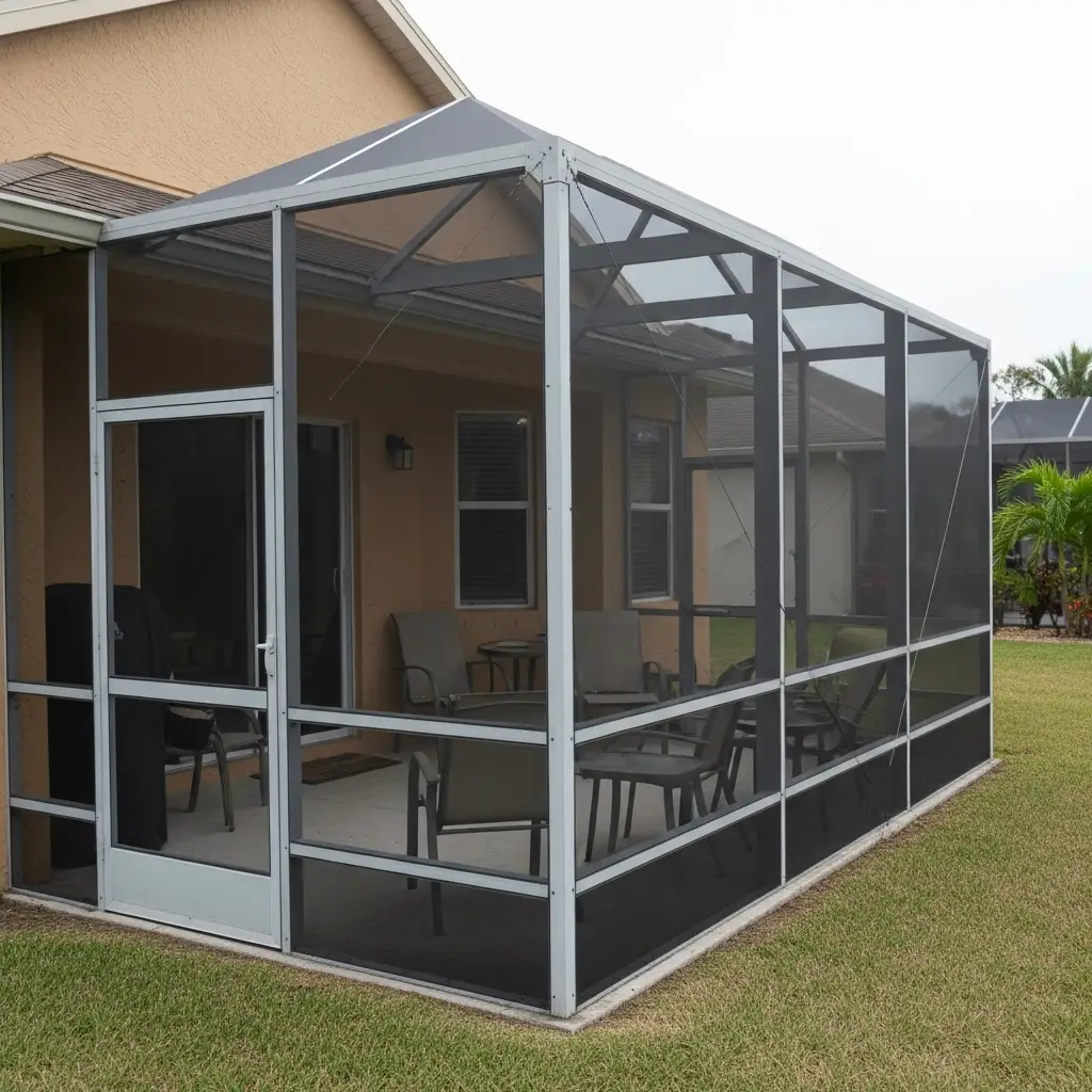 Newly built pool screen enclosure with aluminum frame and patio seating in Fort Pierce, FL.