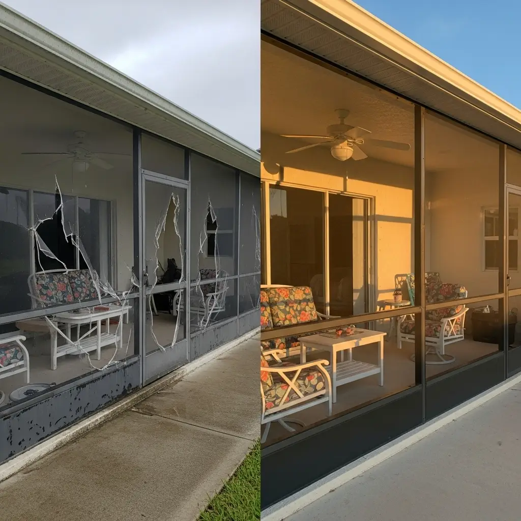 Before and after porch screen repair showing restored aluminum panels in Fort Pierce, FL.