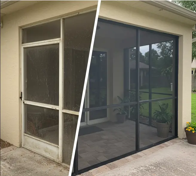 Before and after screen door repair showing upgraded aluminum frame in Fort Pierce, FL.