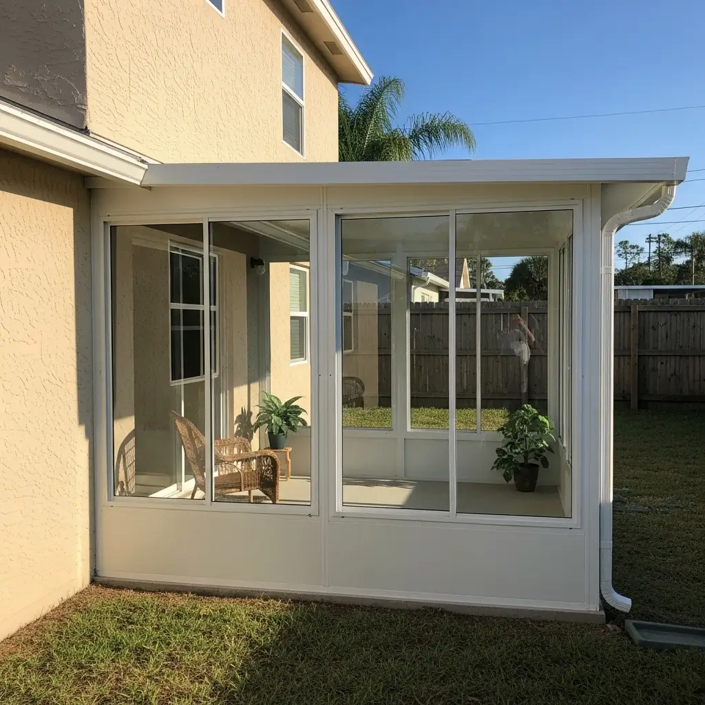Newly built residential screen enclosure installation with glass panels in Fort Pierce, FL.