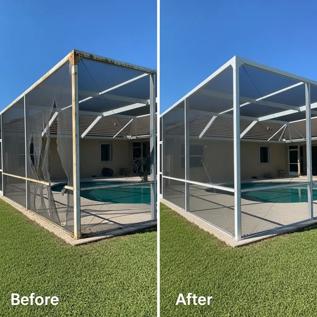 Before and after pool screen replacement showing restored enclosure structure in Fort Pierce, FL.