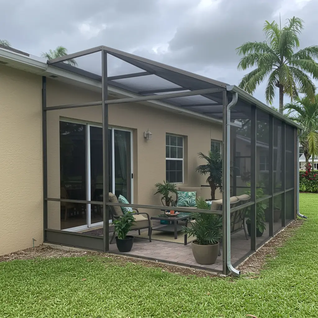 Residential screened patio replacement with aluminum framing and new mesh panels in Fort Pierce, FL.