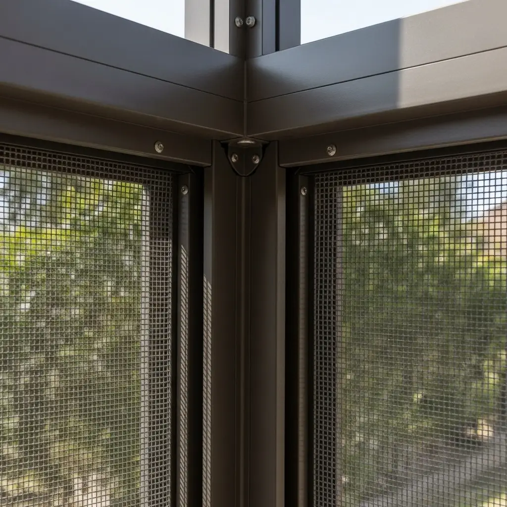 Close-up of aluminum frame and mesh during screened porch repair in Fort Pierce, FL.