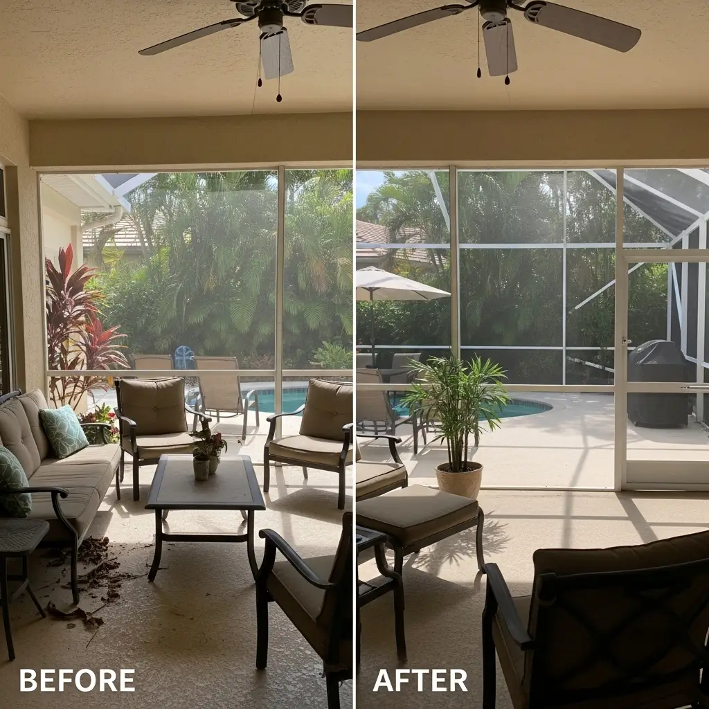Before and after sunroom window repair showing clear screened patio in Fort Pierce, FL.