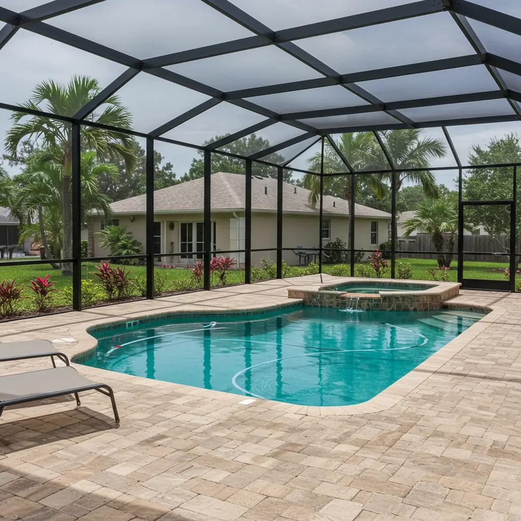 Screened backyard pool and spa area with paver deck in Fort Pierce, FL.
